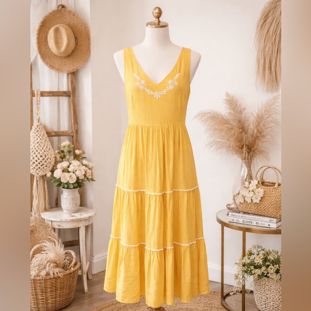 Joie Yellow Midi Dress with White Embroidery